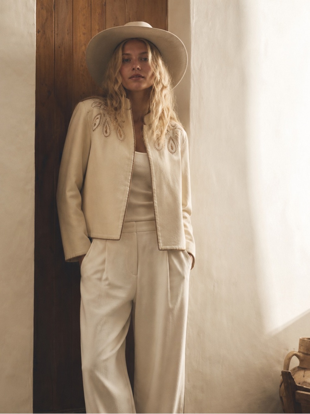 Louis Féraud Paris Wool Ivory Embroidered Jacket | Cropped Tailored | Size 42